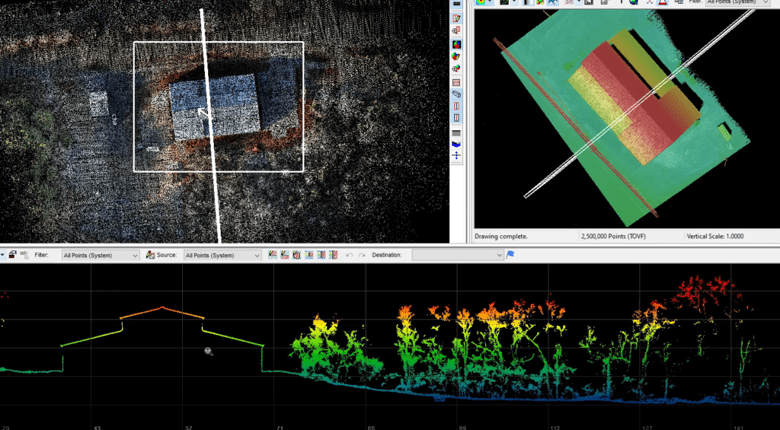 Nuage de points et modèle d'élévation d'un bâtiment dans TrueView Evo