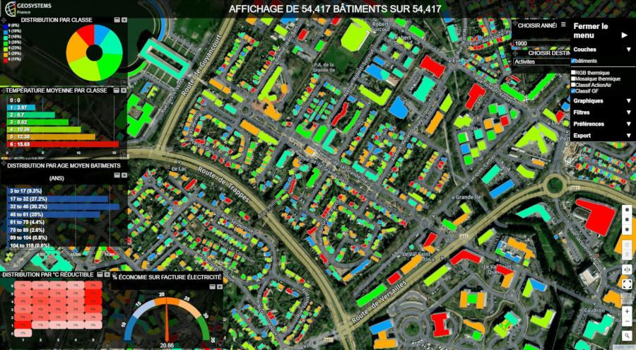 Thermographie aérienne des bâtiments de St Quentin en Yvelines, pour détecter les passoirs énergétiques.