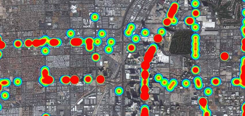 Capture d'écran géomédia cartographie urbaine avec points de chaleur