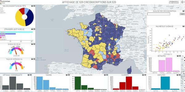 M.App Enterprise : Carte interactive de la France, montrant les résultat du premier tour des élections présidentielles de 2017